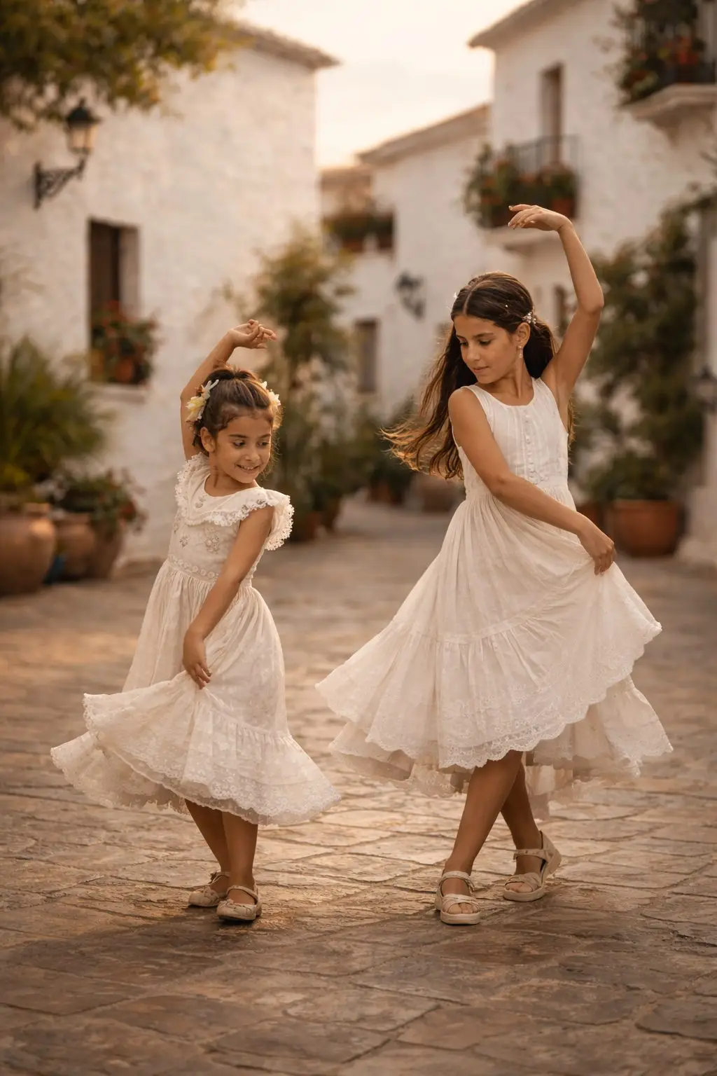 Children dancing flamenco in a traditional Mijas Pueblo plaza