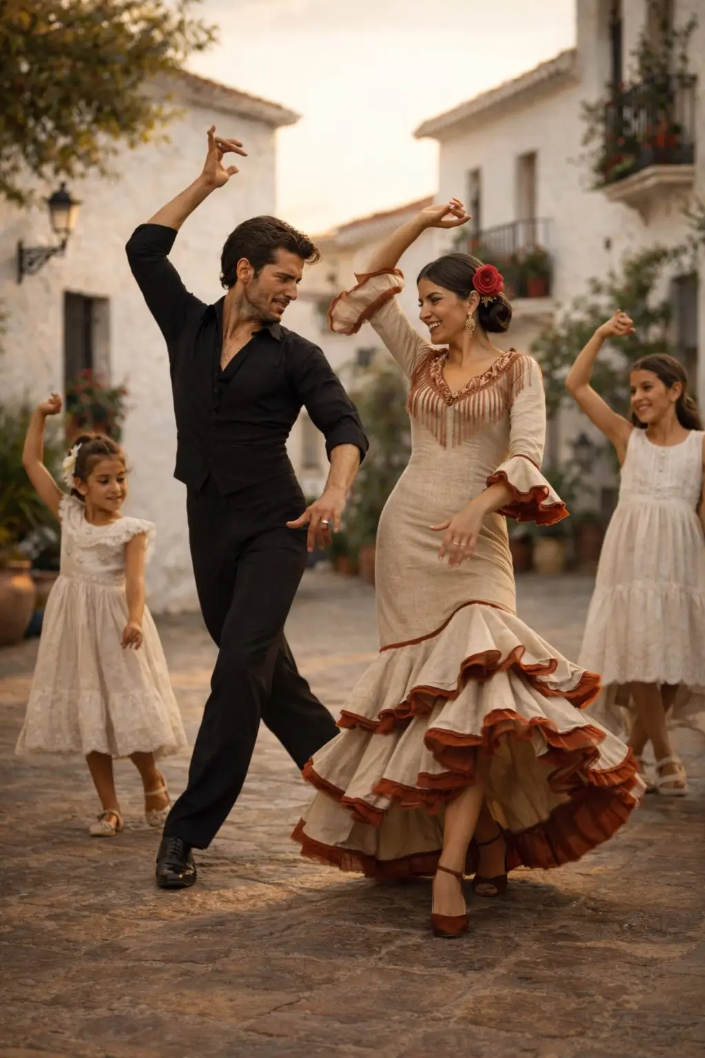 Family flamenco dance in a traditional Mijas Pueblo plaza.