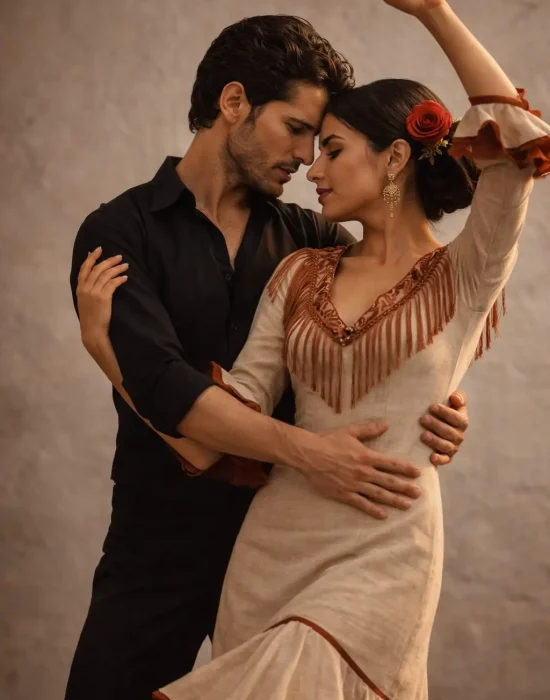 Flamenco couple dancing in a studio setting